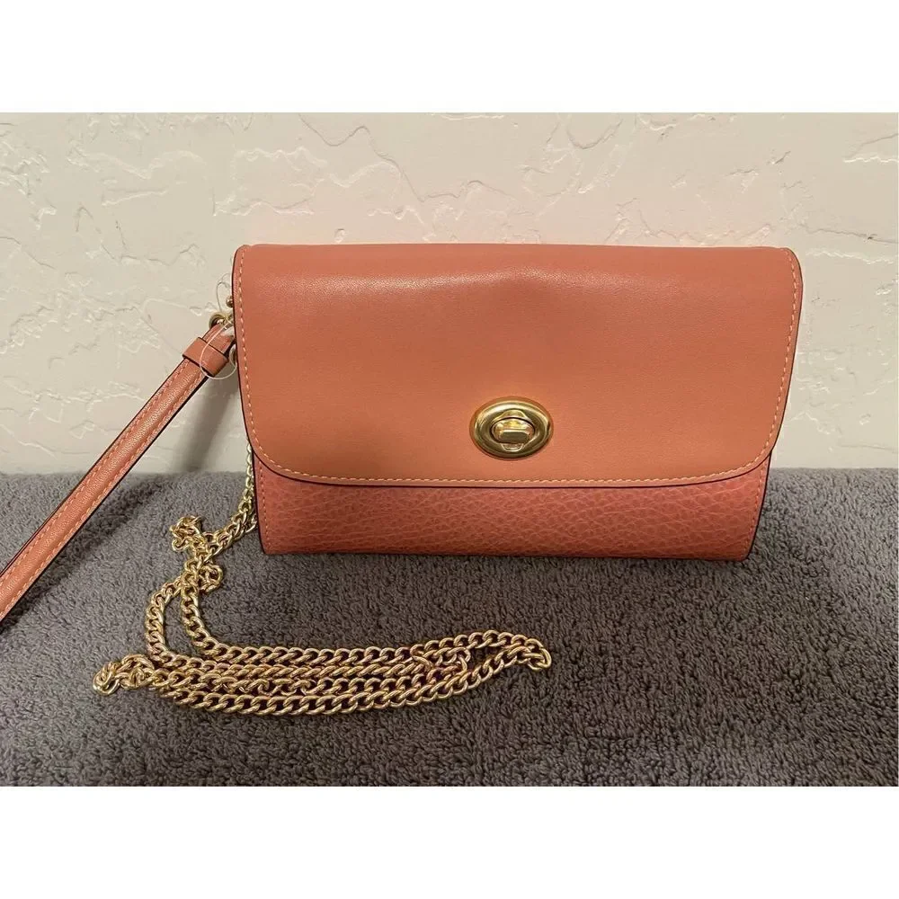 Coach Leather Chain Crossbody Melon/Gold Wristlet Clutch Handbag F31620 NWT